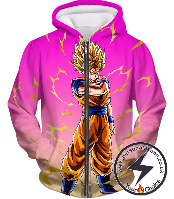 Dragon Ball Super Rising Levels Goku Super Saiyan 2 Cool Anime Pink Zip Up Hoodie